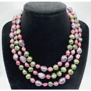 Baroque‎ Pearl Necklace LONG 48" Signed Multi Color Sterling Clasp SPRING Easter